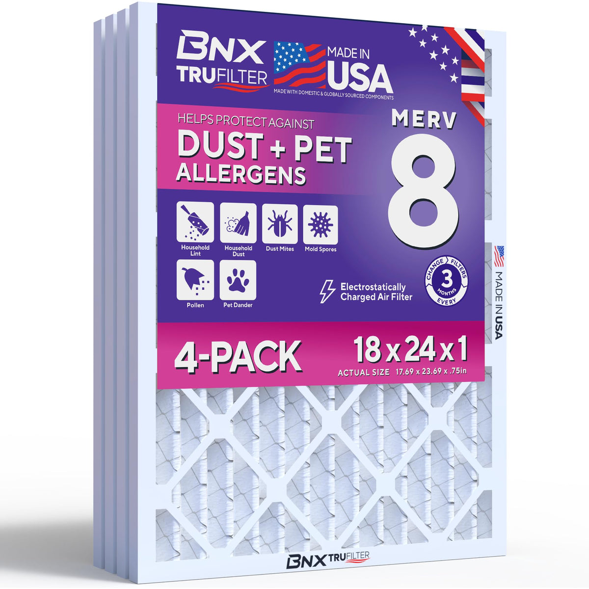 TruFilter 18x24x1 Air Filter MERV 8 (4-Pack) - MADE IN USA – Dust & Pet Defense Electrostatic Pleated Air Conditioner