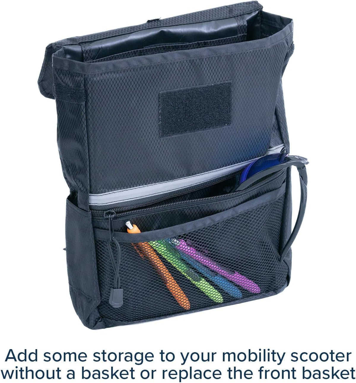AlveyTech Large Tiller Bag for Mobility Scooters (Black) - Durable Nylon Fabric Organizer Bags with Reflective Stripe, Strong Zipper & Threading, Convenient Snacks, Bottles, Books, Storage Accessories