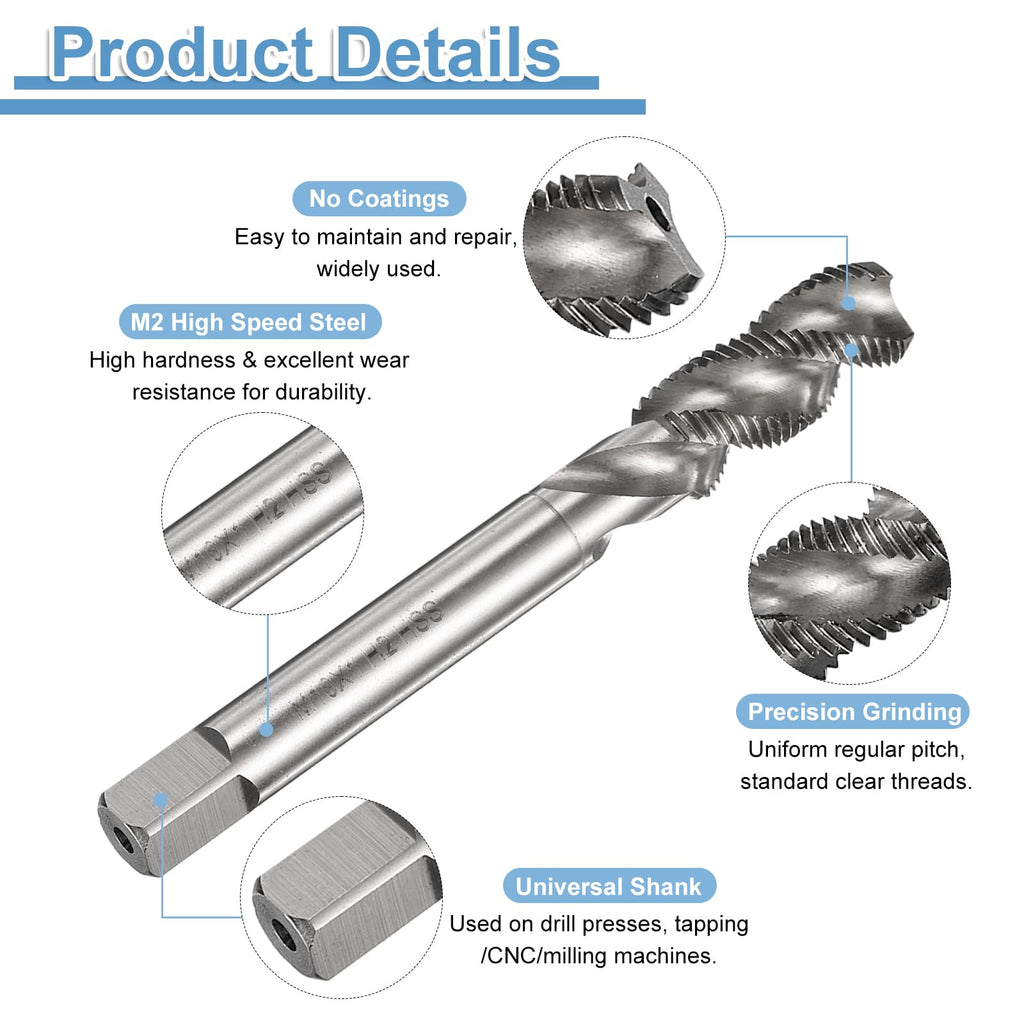 uxcell Spiral Flute Thread Taps M10 x 1 H2 Metric Machine Threading Tap Bit, Uncoated Screw Tapping Repair Tool, M2 High-Speed Steel (HSS)
