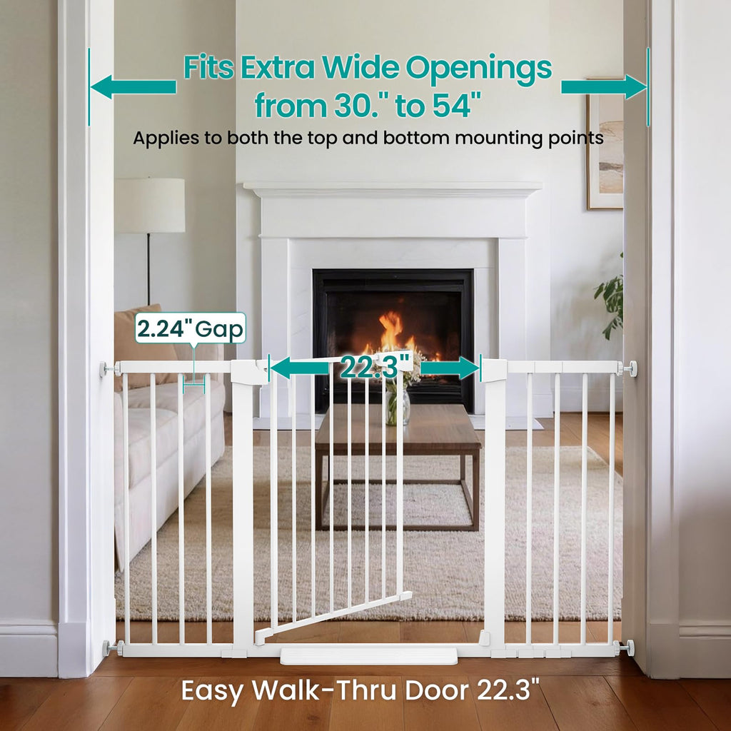 30-54" Extra-Wide Adjustable Hardware/Pressure-Mounted Pet & Child Safety Gate with Auto-Close Walk-Through Door for Stairs, Hallways & Wide Doorways — White