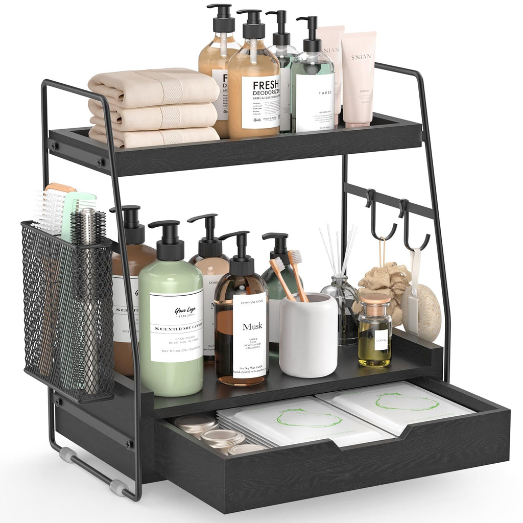 2-Tier Bathroom Counter Organizer with Drawer, Wood Counter Storage Shelf