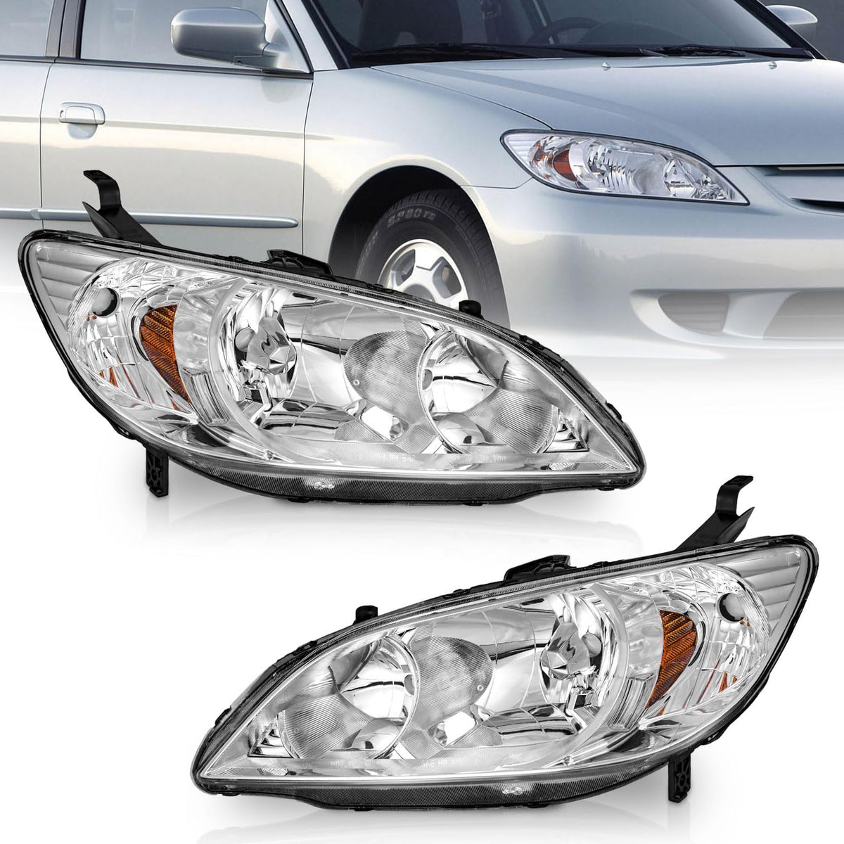WEELMOTO Halogen Headlights Assembly for 2004-2005 Honda Civic 2/4Door