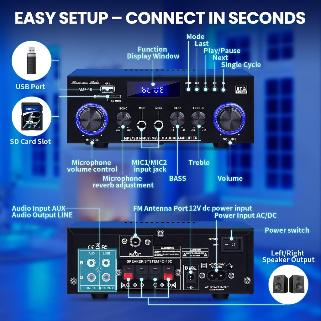 AMP 10 Bluetooth Amplifier, Home Stereo Receiver with FM, 2CH