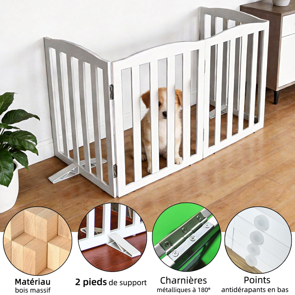 Freestanding Solid Wood Folding Pet & Dog Barrier Gate with Support Feet for Wide Indoor Openings, Hallways & Stairs — White