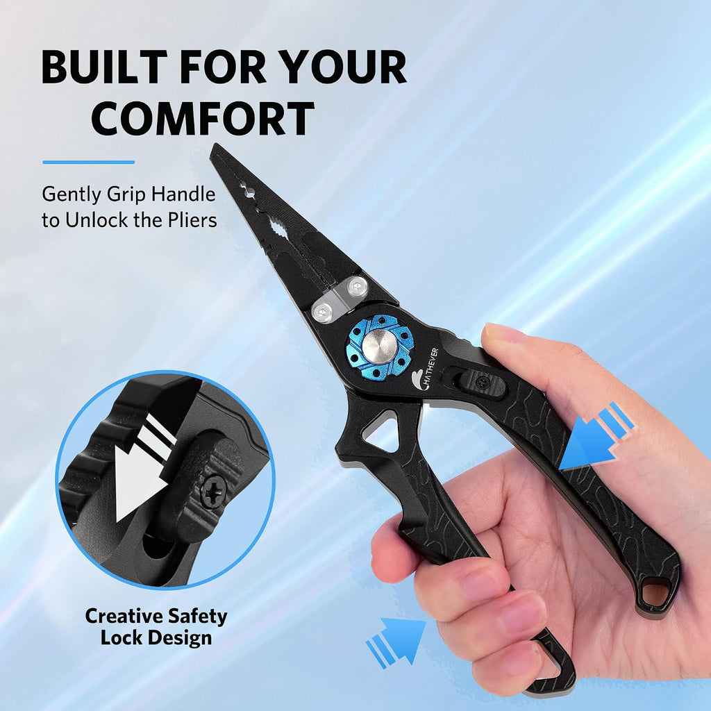 Saltwater Fishing Pliers, Split Ring Pliers for Fishing with Safety Lock, Fish Pliers with Sheath and Lanyard