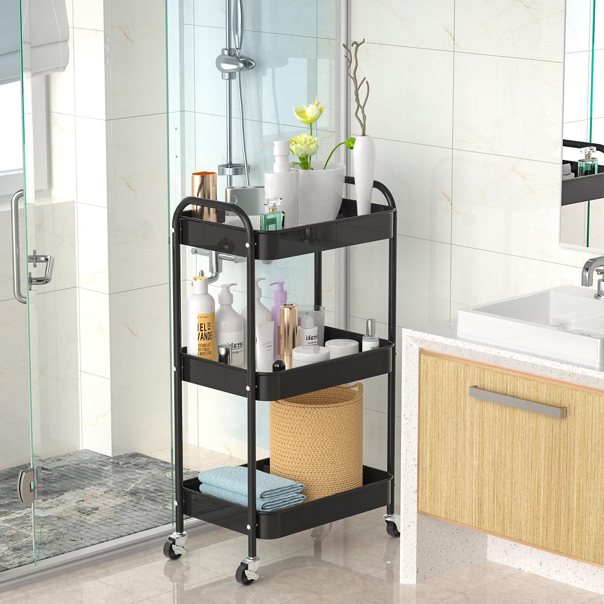 3-Tier Rolling Cart, Metal Utility Storage Carts with Wheels, Black