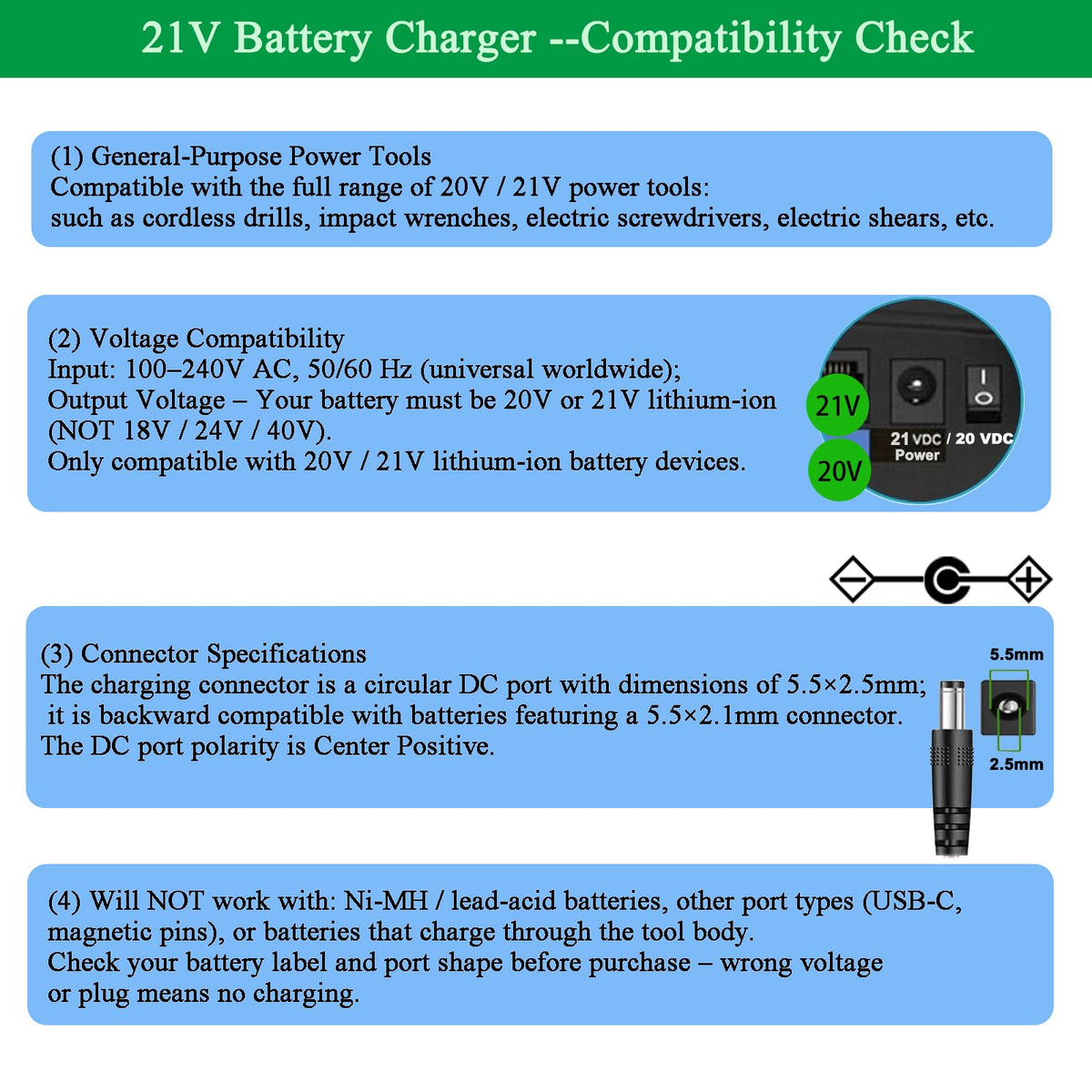 21V Lithium Battery Charger, for 20V 21V Power Tools - Compatible with Leaf Blower, Mini Chainsaw, Hand Drills