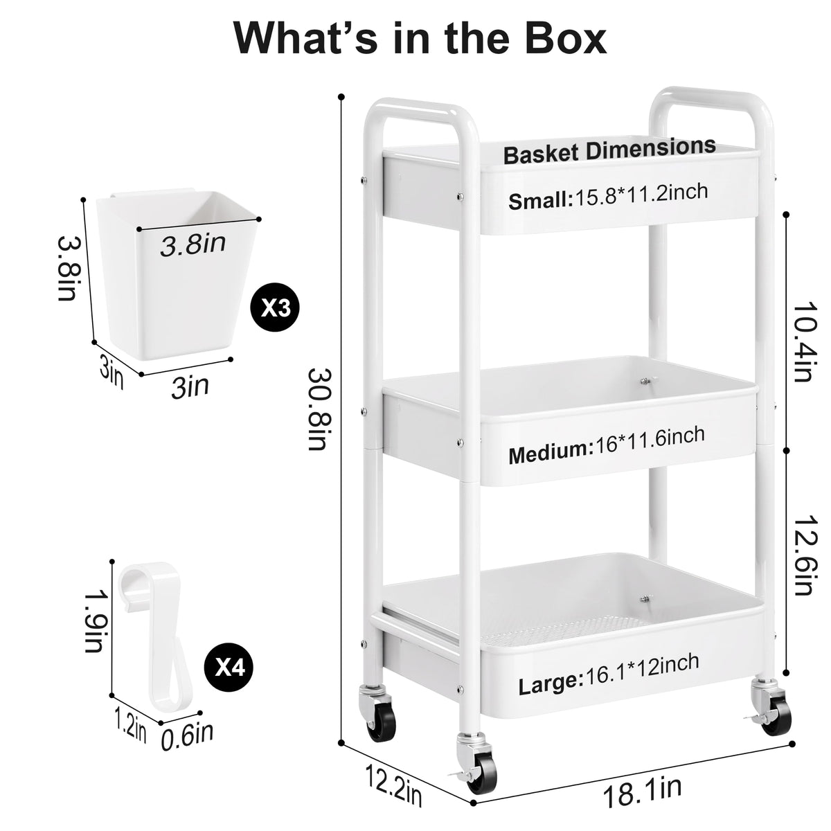 3 Tier Rolling Cart Metal with Wheels, White Three Tiered Carts on Wheels