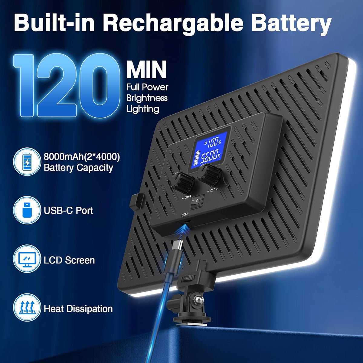 20W LED Video Photography Light Panel, Type C& Built-in 4000mAh | Portable Camera Soft Light, Built-in 4000mAh