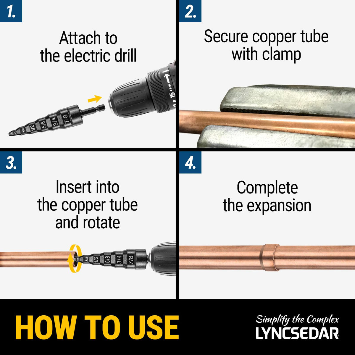 LYNCSEDAR 6-in-1 Copper Swedge Tool HVAC, Black Soft Tube Expander, Carbon Steel, Bit Holder, No.8 Flat Carabiner, Swaging Tool Set for Drill, Swage Repair Kit for 1/4 3/8 1/2 5/8 3/4 7/8 Pipe