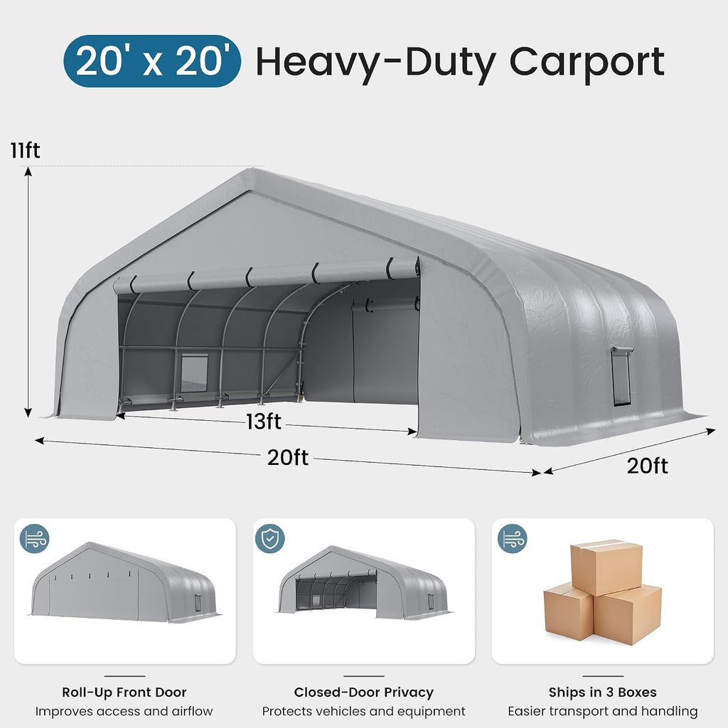 20x20 Reinforced Heavy Duty Carport, Galvanized Steel Frame with Through-Bolt Reinforcement Garage Shelter and