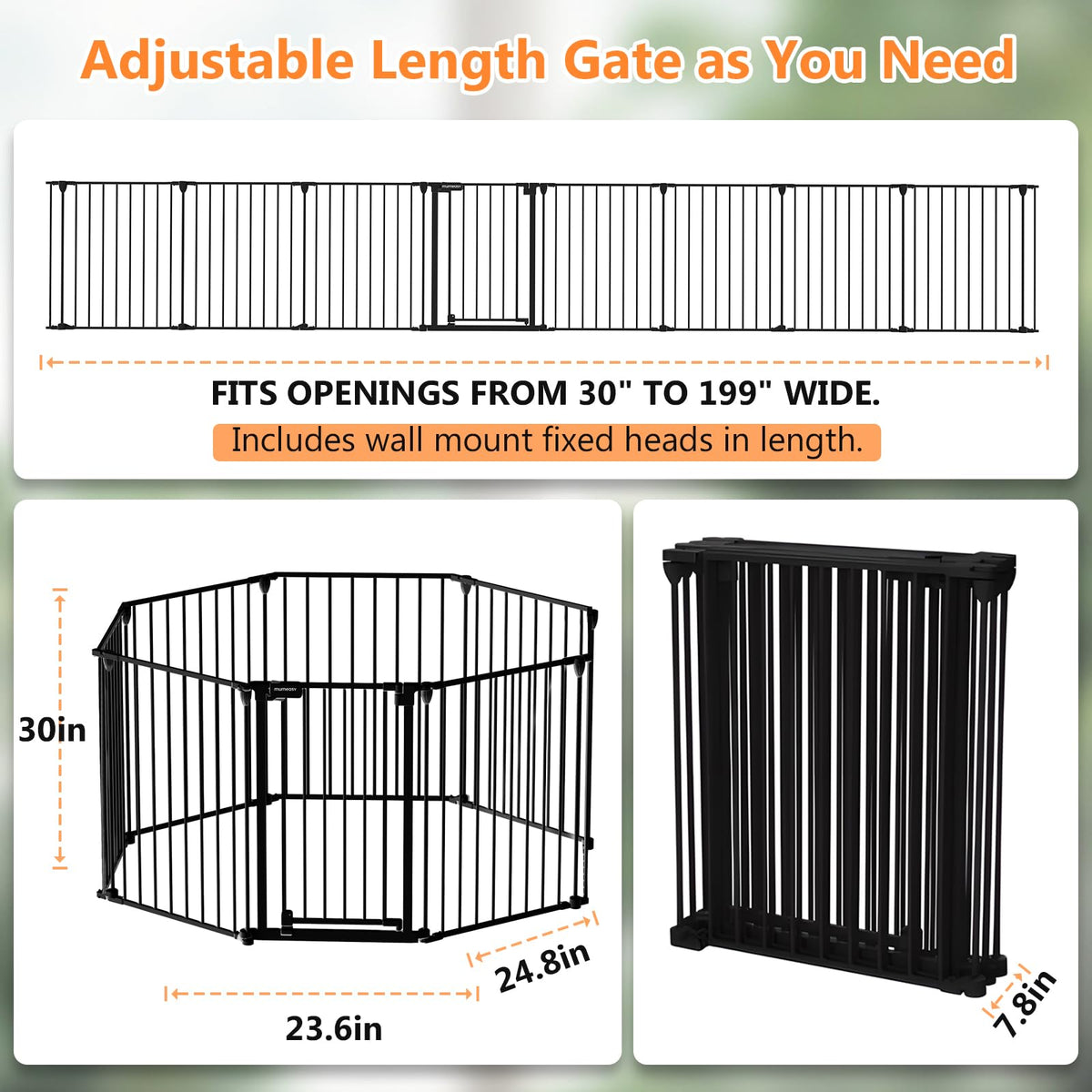 199" Extra-Wide Adjustable Hardware/Pressure-Mounted Pet & Child Safety Gate with Auto-Close Walk-Through Door for Stairs, Hallways & Wide Doorways