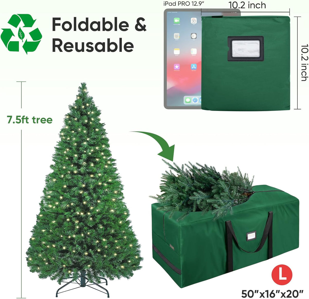 7.5 ft Christmas Tree Storage Bag, Heavy Duty 900D Oxford Fabric with Reinforced Handles and Dual Zippers Wide
