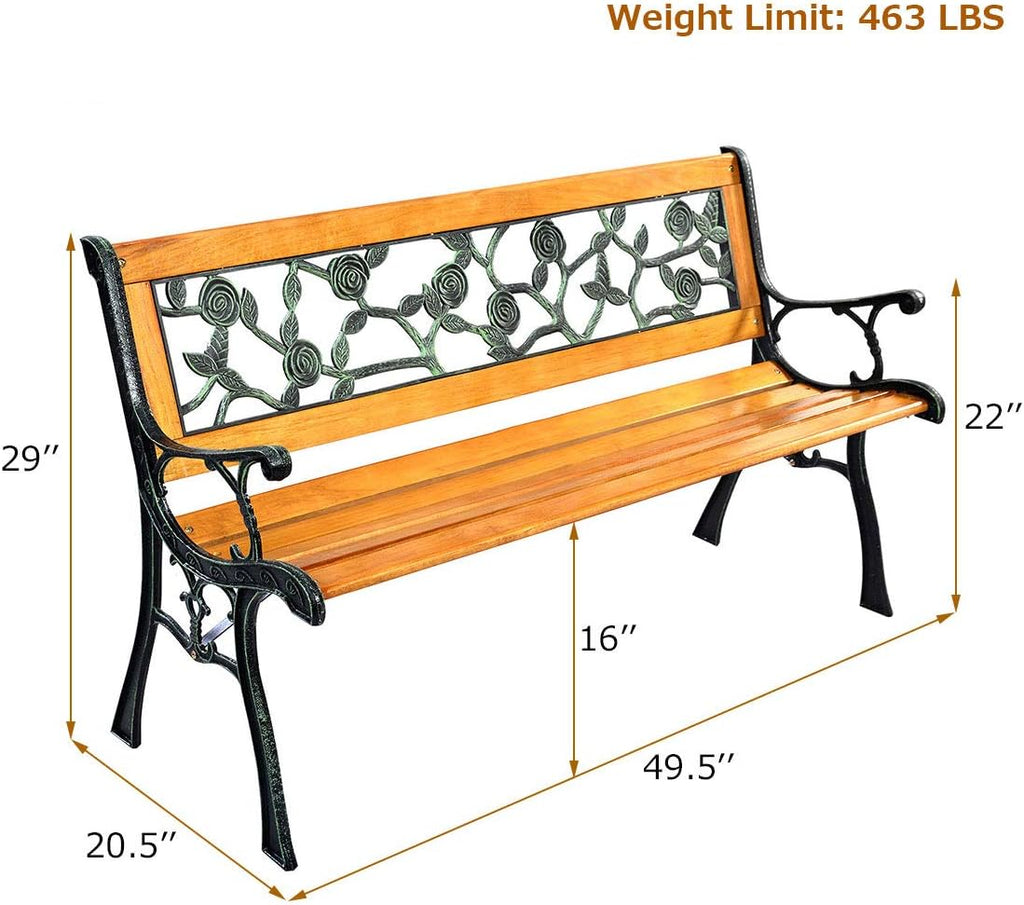 50'' Patio Park Garden Bench, Outdoor Furniture Rose Cast Iron | Porch Loveseat for 2 Person with Hardwood Frame and