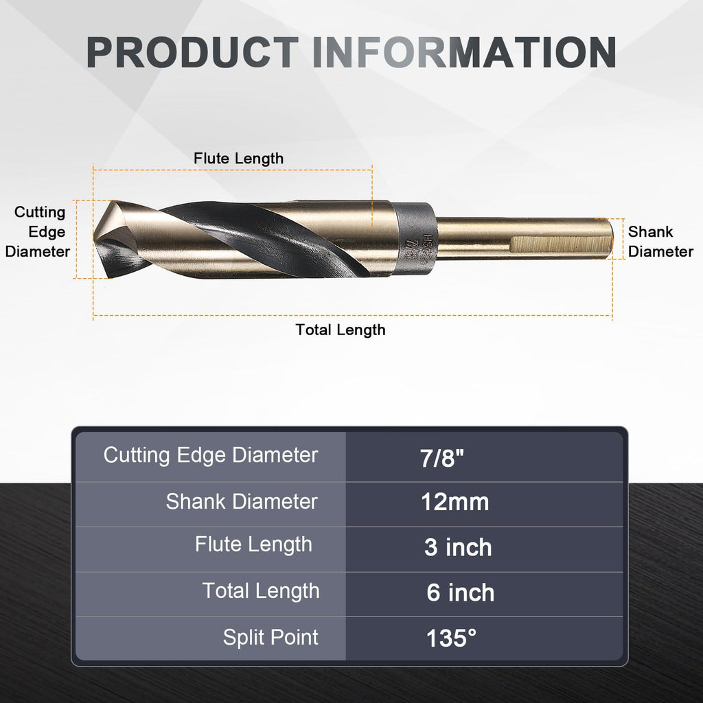 uxcell 7/8" Drill Bit 1/2" Reduced Shank 3-Flat M35 5% Cobalt HSS