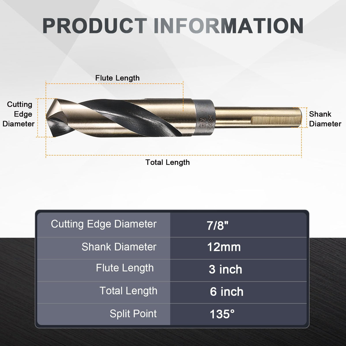 uxcell 7/8" Drill Bit 1/2" Reduced Shank 3-Flat M35 5% Cobalt HSS