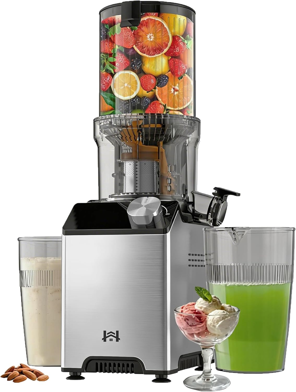 Cold Press Juicer, Wide Feed Chute Masticating Juicer, Silver Knob | Stainless Steel Body, Make Ice Cream & Nut Milk