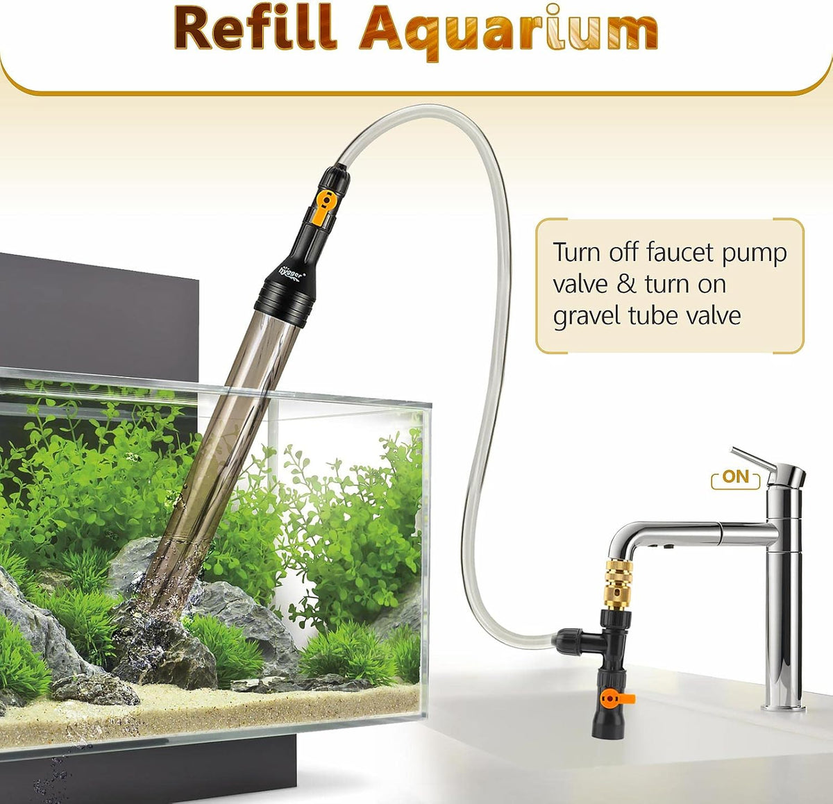 Bucket-Free Aquarium Water Change Kit Metal Faucet Connector Fish Tank Vacuum Siphon Gravel Cleaner with Long Hose