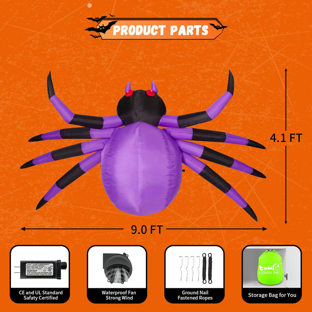 9FT Halloween Inflatables Decorations Purple Spider Yard LEDs Decor