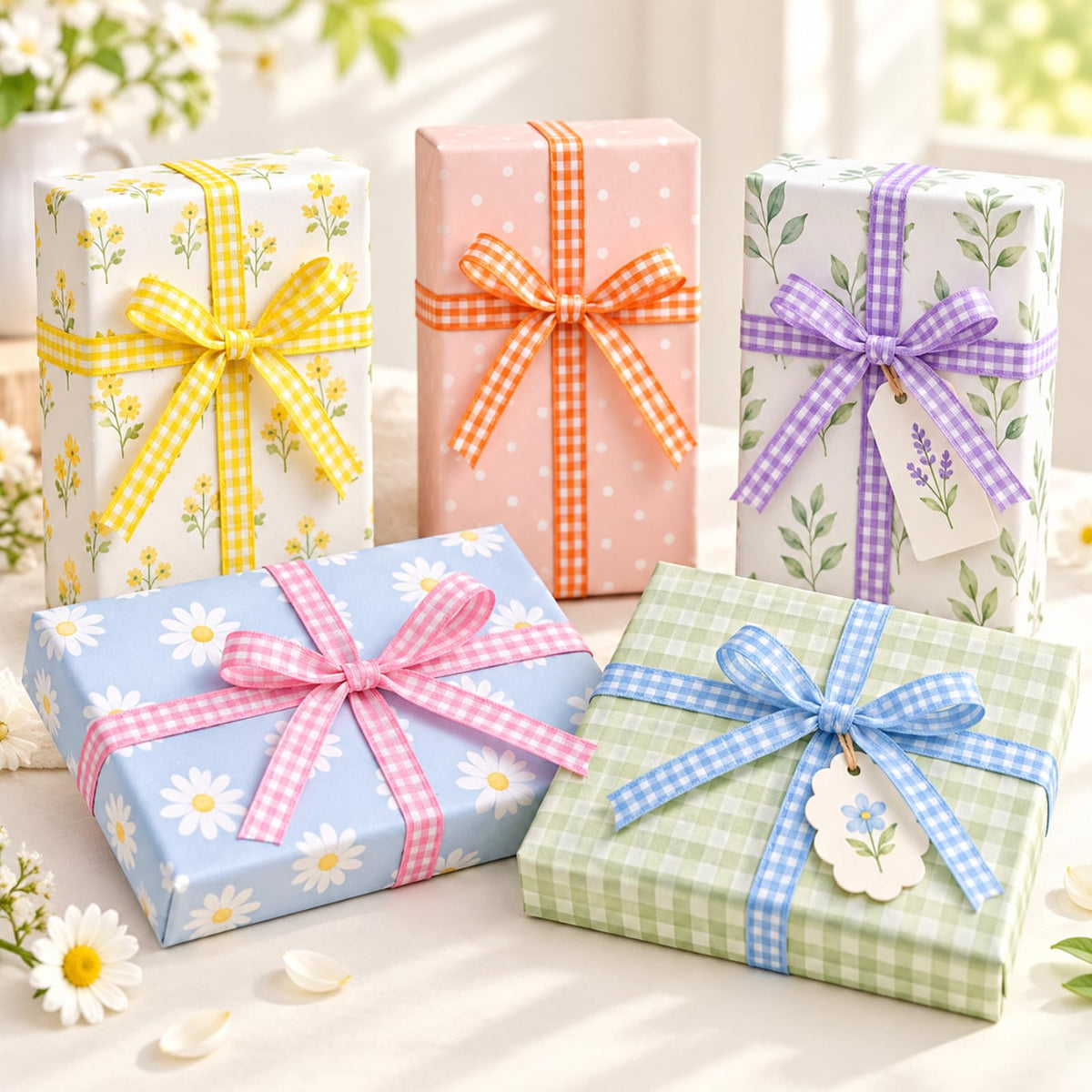 6 Rolls Pastel Gingham Ribbon - 3/8'' x 60 Yds Plaid Ribbon Checkered Ribbon for Gift Wrapping Crafts Baby Shower