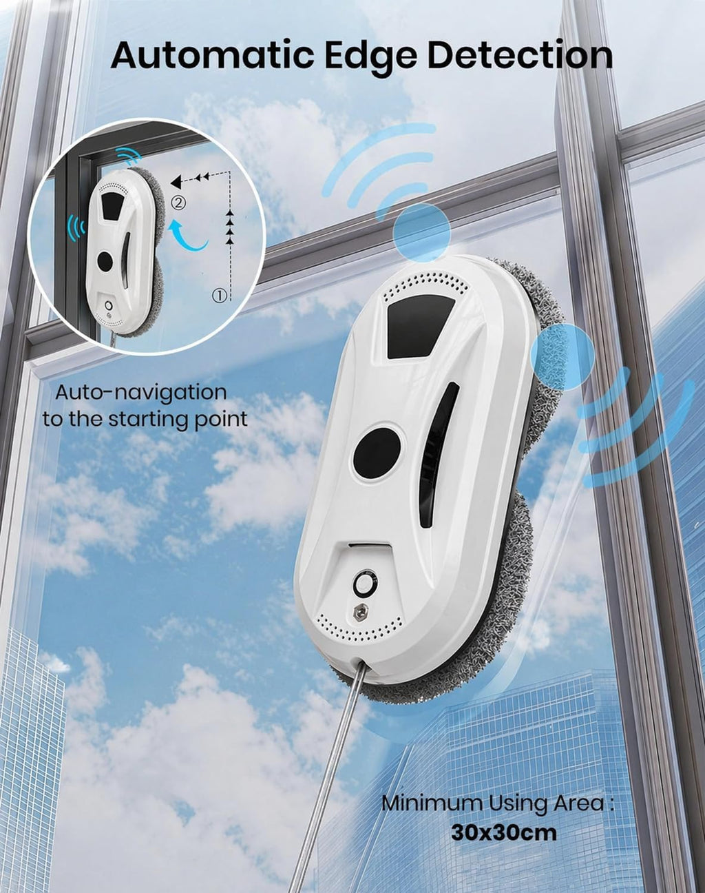 Automatic Window Cleaning Robot, Smart Glass Cleaner with 2800Pa Strong Suction, Edge Detection & Anti-Drop System