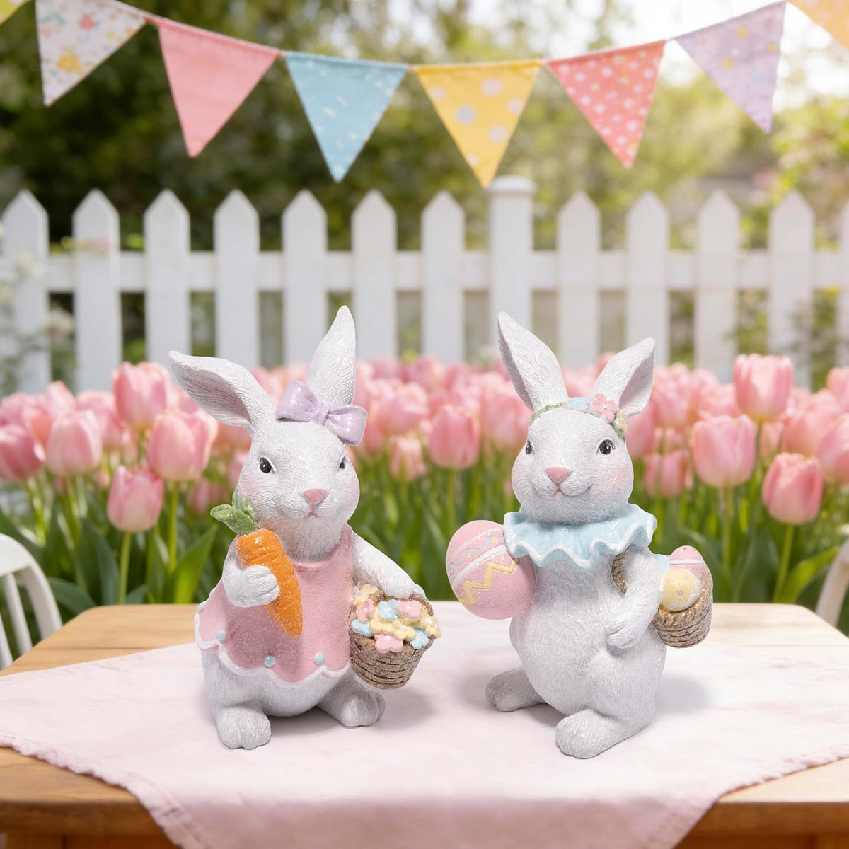 Easter Bunny Figurines Set, Spring Rabbit Decor with Easter Eggs Basket, Floral Wreath Bunny Statues, Tabletop Home