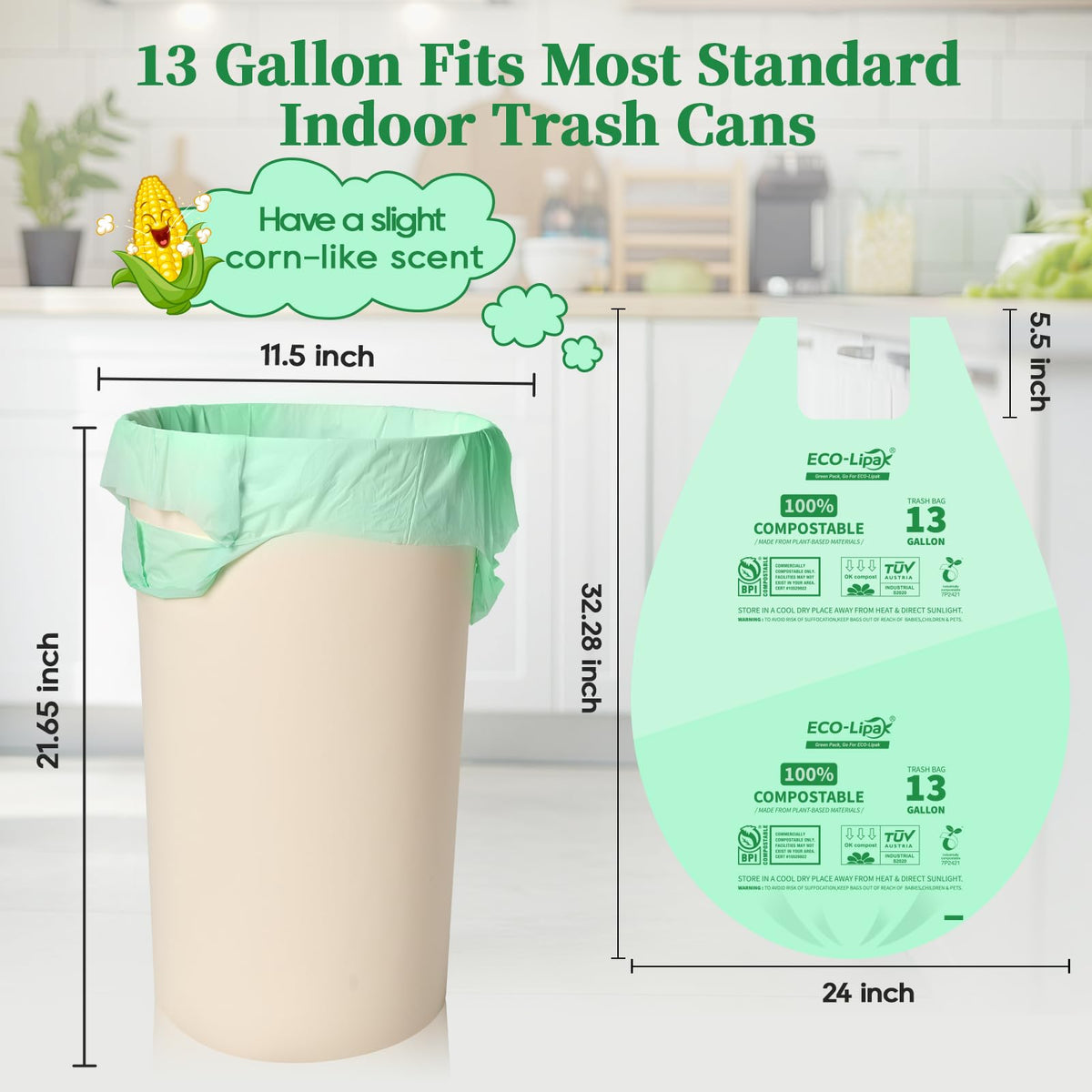 13 Gallon 100 Count Compostable Kitchen Trash Bags with Handles
