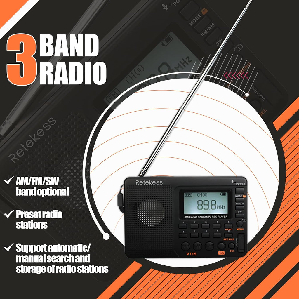 V115 Shortwave Radio, Digital Radio AM FM | for Camping, Shortwave Receiver,1000mAh Rechargeable Battery, Presets