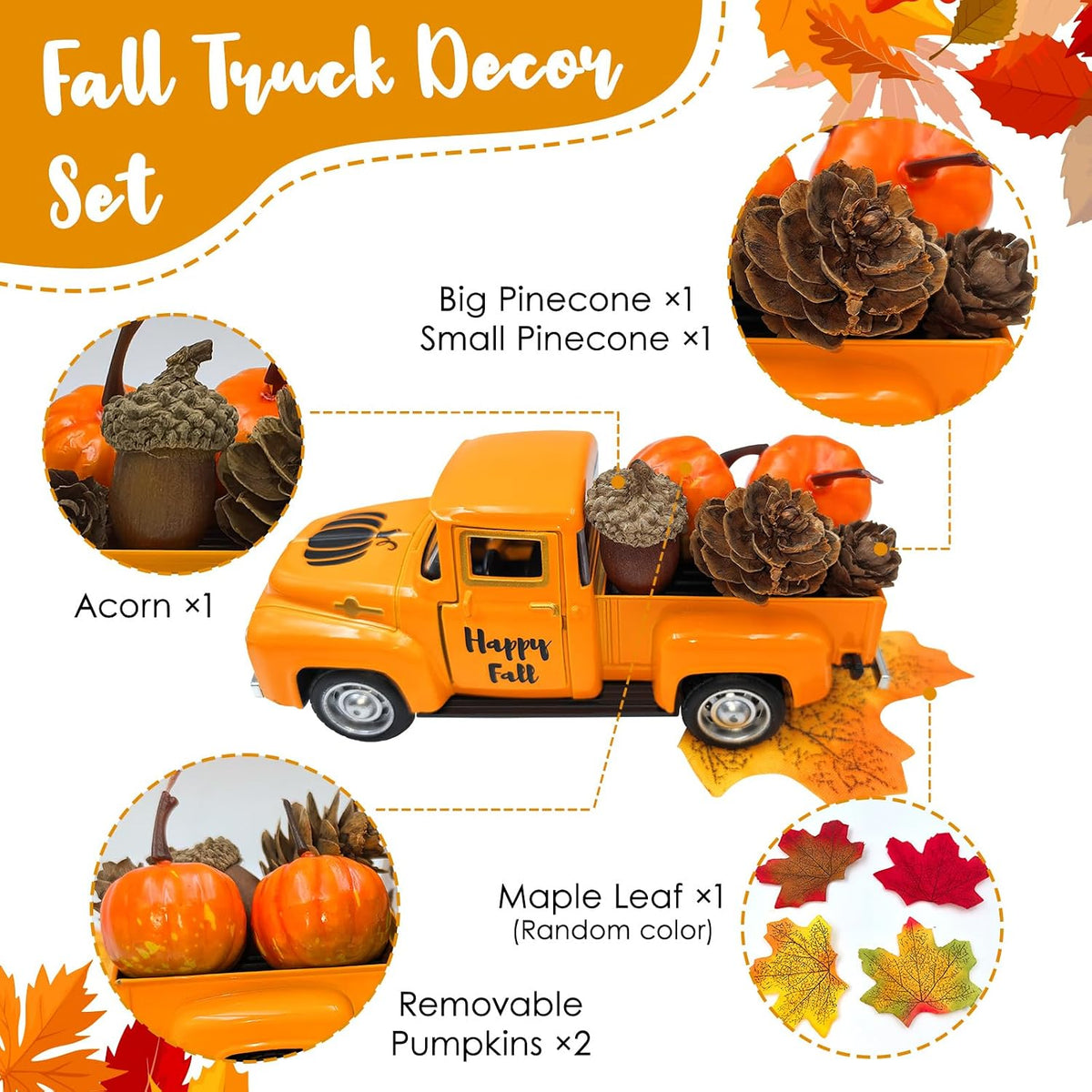 Thanksgiving Fall Decorations Indoor Farmhouse Vintage Metal Truck | Mini Fake Pumpkins Acorn Pine Cones Harvest