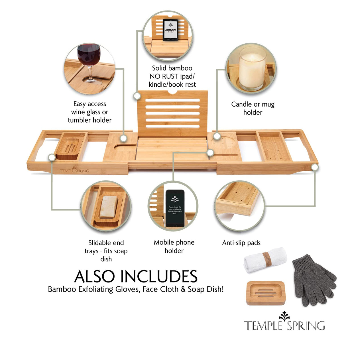 Bamboo Bathtub Tray Caddy for Tub — Expandable Wood Bath Tray with Solid Book Stand Wine Holder and Non-Slip Pads —