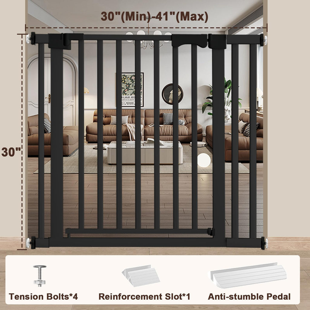 30-41" Extra-Wide No-Drill Pressure-Mounted Pet & Child Safety Gate with Auto-Close Walk-Through Door for Stairs, Hallways & Wide Doorways