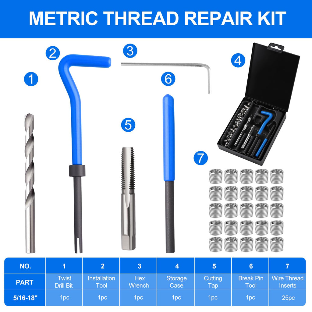 KUNGJUER 30PC SAE Helicoil Thread Repair Insert Kit, 5/16-18 inch Rethread