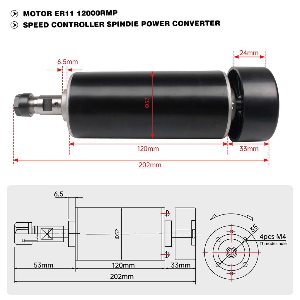 RATTMMOTOR 500W CNC Air Cooled Spindle Motor ER11 12-100VDC