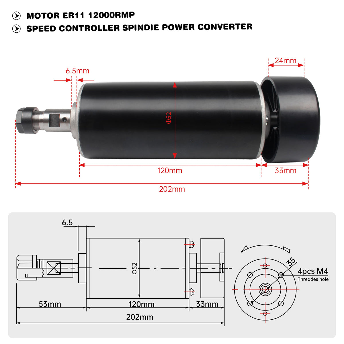 RATTMMOTOR 500W CNC Air Cooled Spindle Motor ER11 12-100VDC