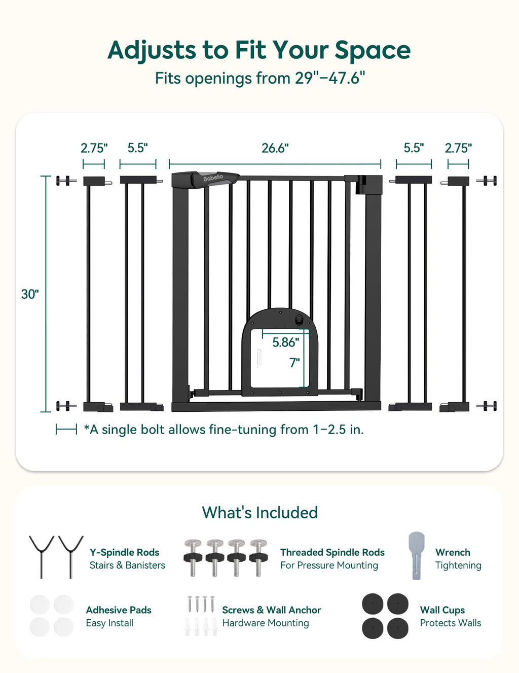 29-48" Extra-Wide Adjustable Hardware/Pressure-Mounted Pet & Child Safety Gate with Small Cat Door & Auto-Close Walk-Through Gate for Stairs, Hallways & Wide Doorways