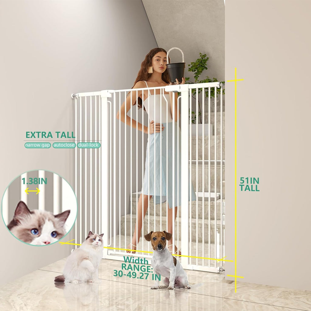 51" x 30-49.27" Wide Extra-Tall Full-Height Anti-Jump Cat & Pet Safety Gate with No-Drill Pressure Mount & Auto-Close Walk-Through Door