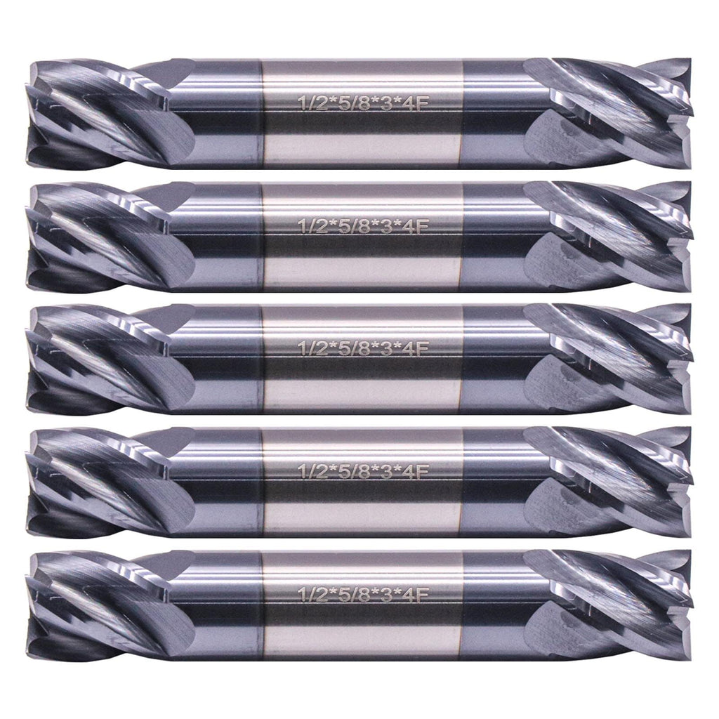 5Pcs 1/2" 4 Flute Solid Carbide Square End Mill - Double End - AlTiN Coated