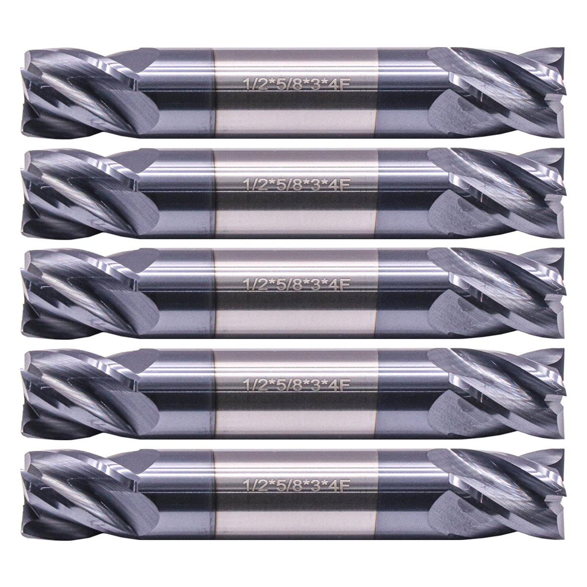 5Pcs 1/2" 4 Flute Solid Carbide Square End Mill - Double End - AlTiN Coated