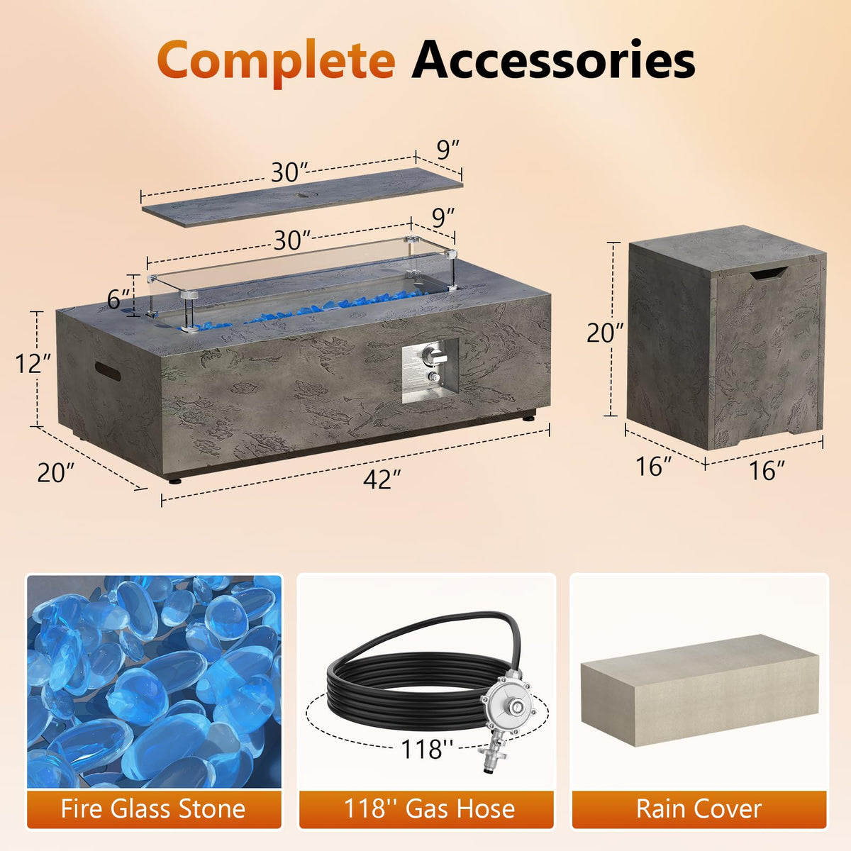 2-Piece 42" Rectangular Propane Fire Pit Table for Outside Patio 50,000 BTU