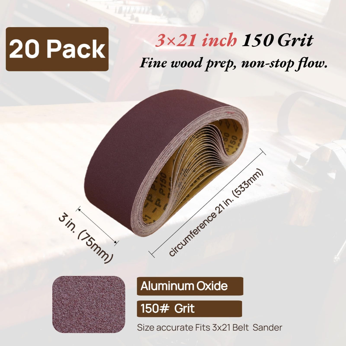 KTHUA 20 Pack 3 x 21 Inch Sanding Belts, 150 Grit