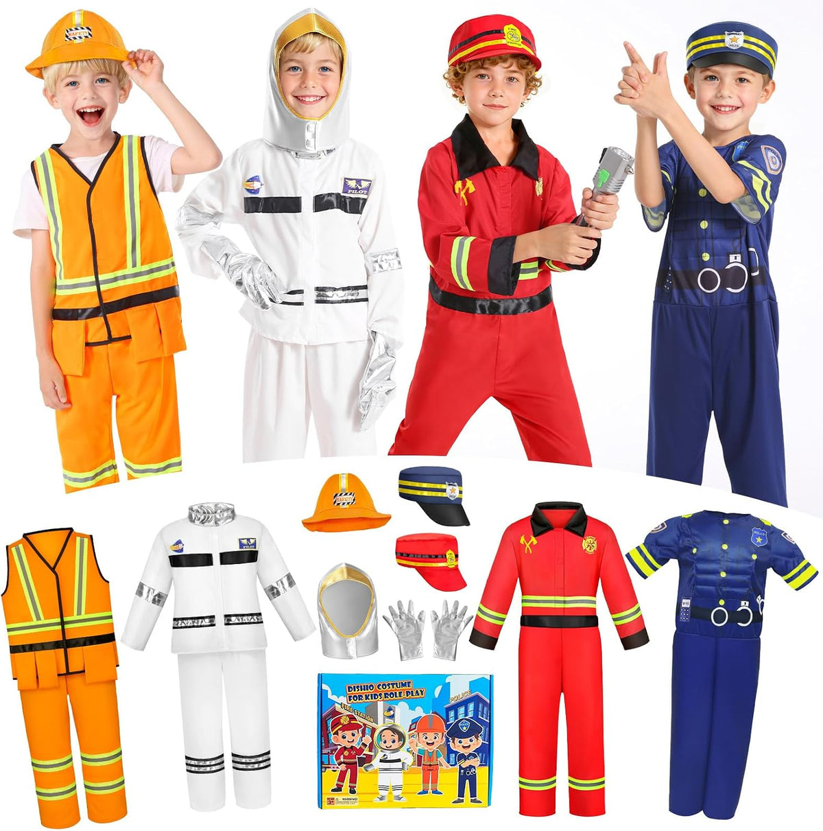 Kids Pretend Role Play Costumes, Dress Up Clothes for Toddlers | 4 Sets Astronaut, Policeman, Firefighter, Engineer