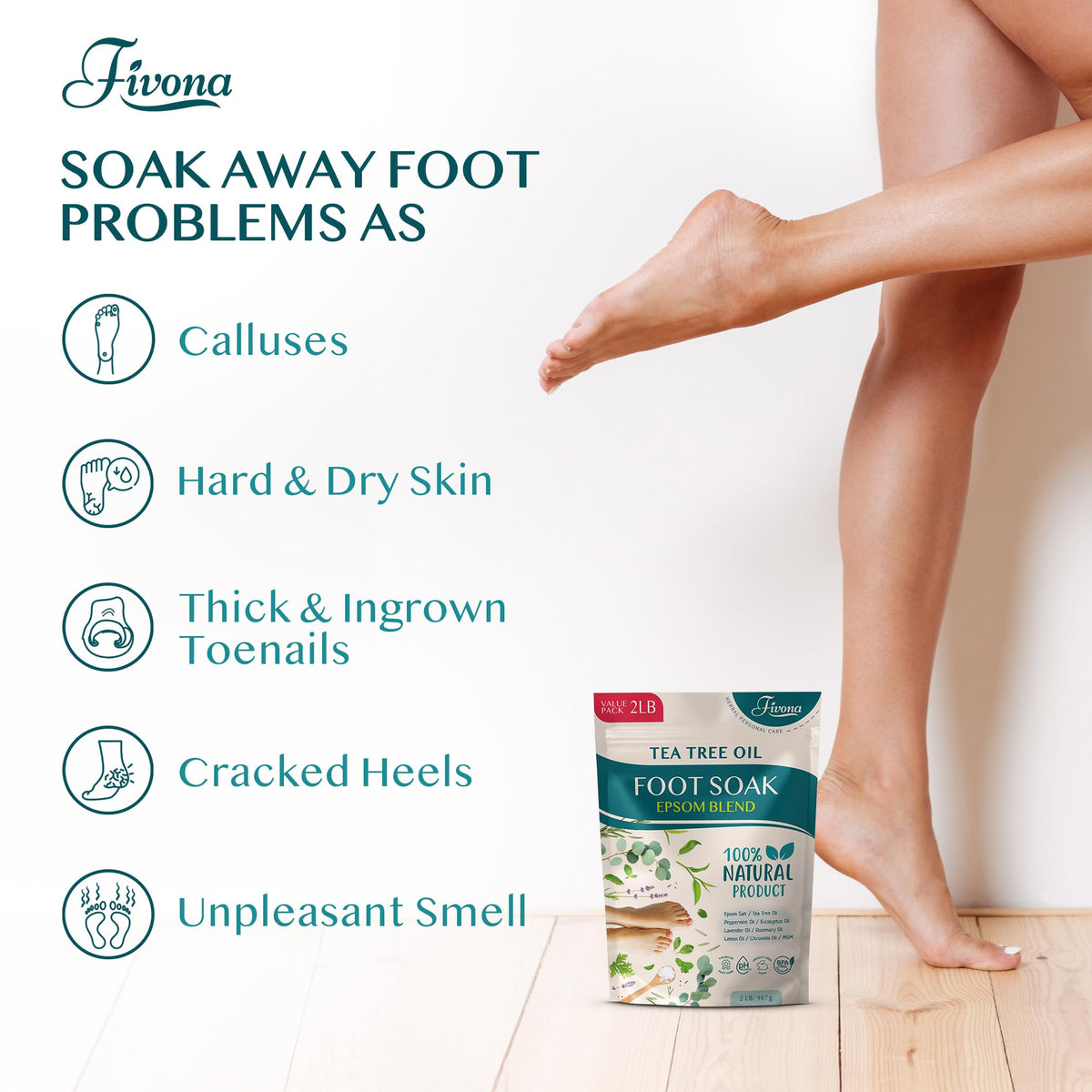 Foot Soak Epsom Salt with Tea Tree Oil 2 LB - Epsom Salt with Essential Oils for Healthy Toenails, Soothing Relief