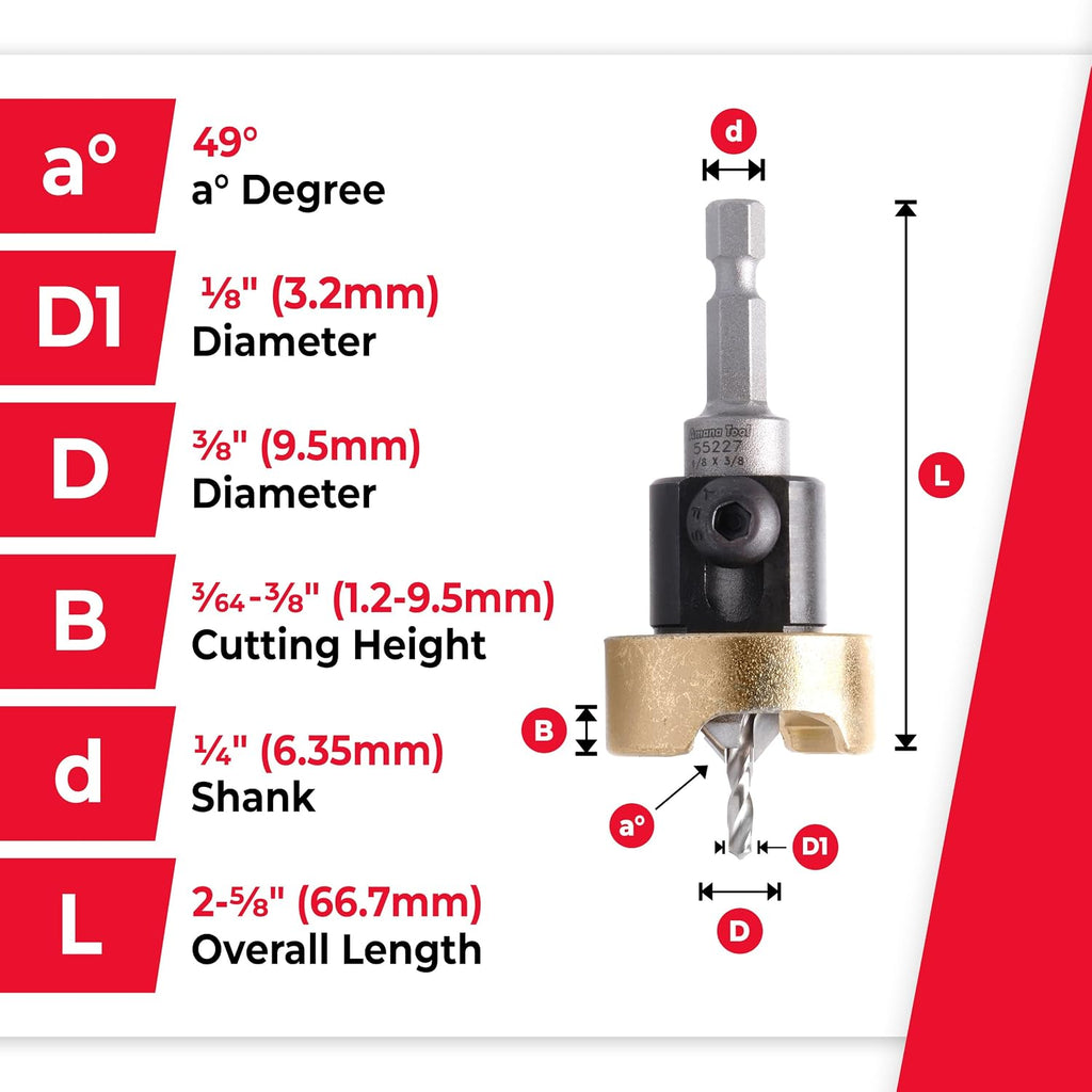 Amana Tool 55227 Carbide Tipped 82 Degree Countersink Set with Adjustable Drill Bit Depth Stop and No-Thrust Ball Bearing 3/8 Dia x 1/8 Drill Dia x 1/4 Inch Quick Release Hex Shank