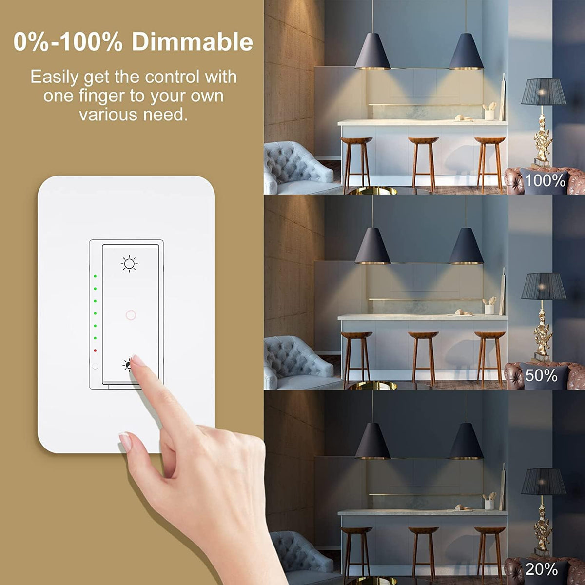Smart Dimmer Switch, Single Pole/3-Way, Compatible with Alexa & Google Home
