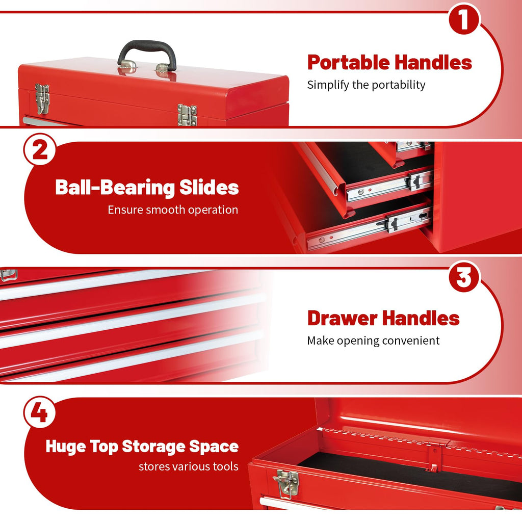 Portable Metal Tool Box with 3 Drawers, 20.5-Inch Steel Tool Chest with Top Storage, Ball Bearing Slides, Dual Latch