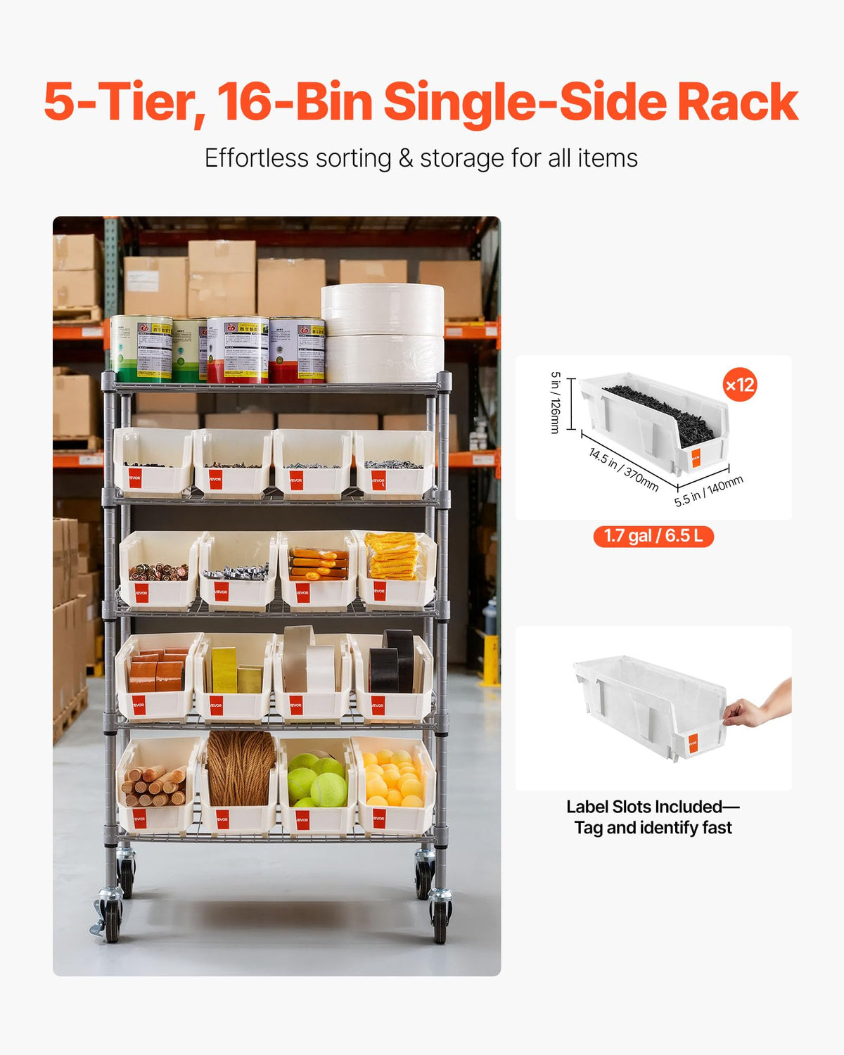 5-Tier Rolling Bin Storage Rack, 16 Organizer Bins, Bin Rack Storage Steel Wire Shelving System with Wheels, Mobile