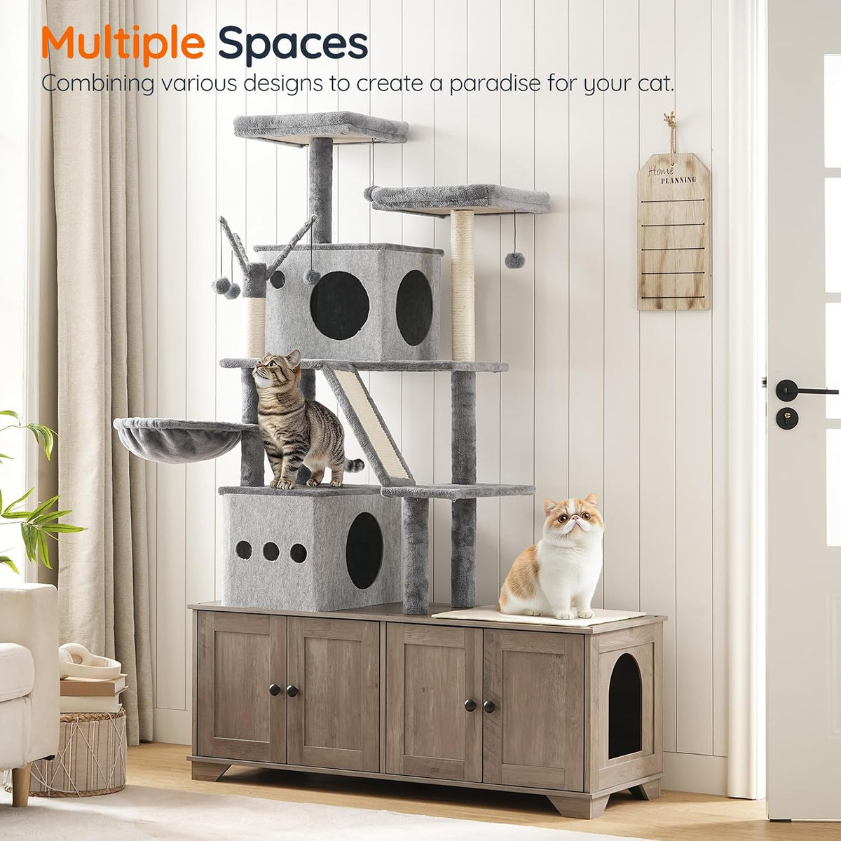 Double Litter Box Enclosure with Cat Tree, 45.3" L x 17.7" W x 68.9" H All-in-One Modern Cat Tower with Bed, Hidden