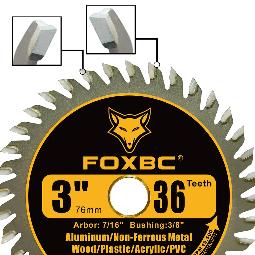 FOXBC 3 Inch Carbide Circular Saw Blade 36 Tooth for Wood, Plastic, PVC, Acrylic, Aluminum with 7/16" Arbor, 3/8" Bushing - 3 Pack