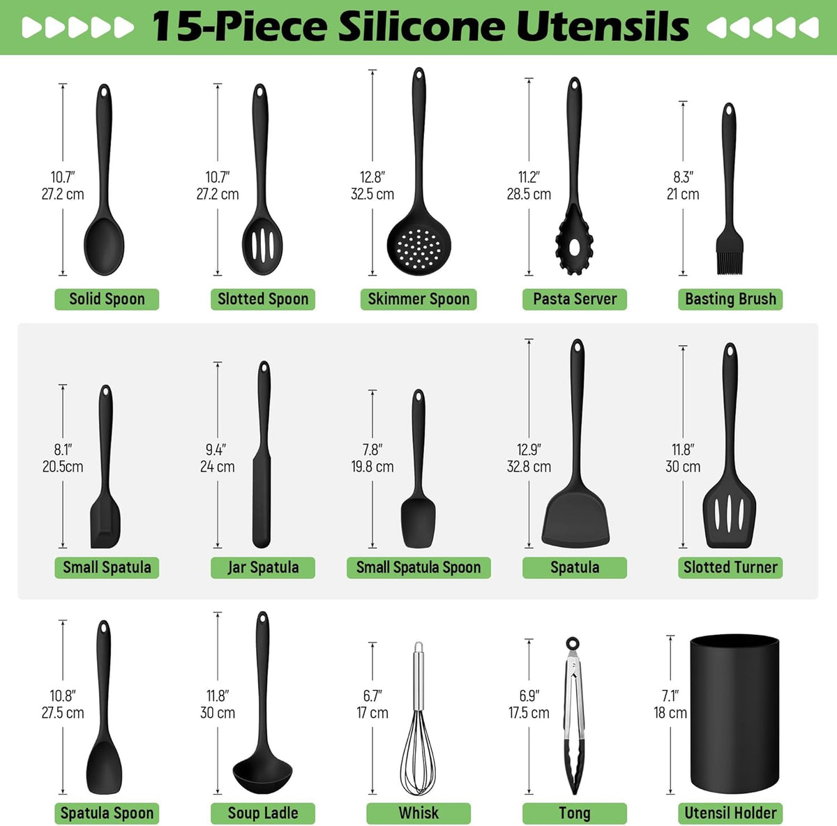 Silicone Cooking Utensil Set, 15pcs Kitchen Utensils with Holder for Nonstick Cookware, Heat Resistant Nontoxic