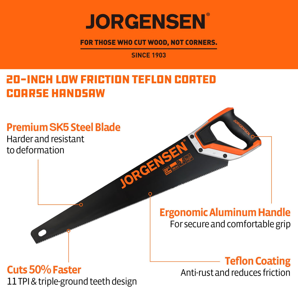 JORGENSEN 20-Inch Hand Saw, 11 TPI Coarse Blade for Wood Cutting